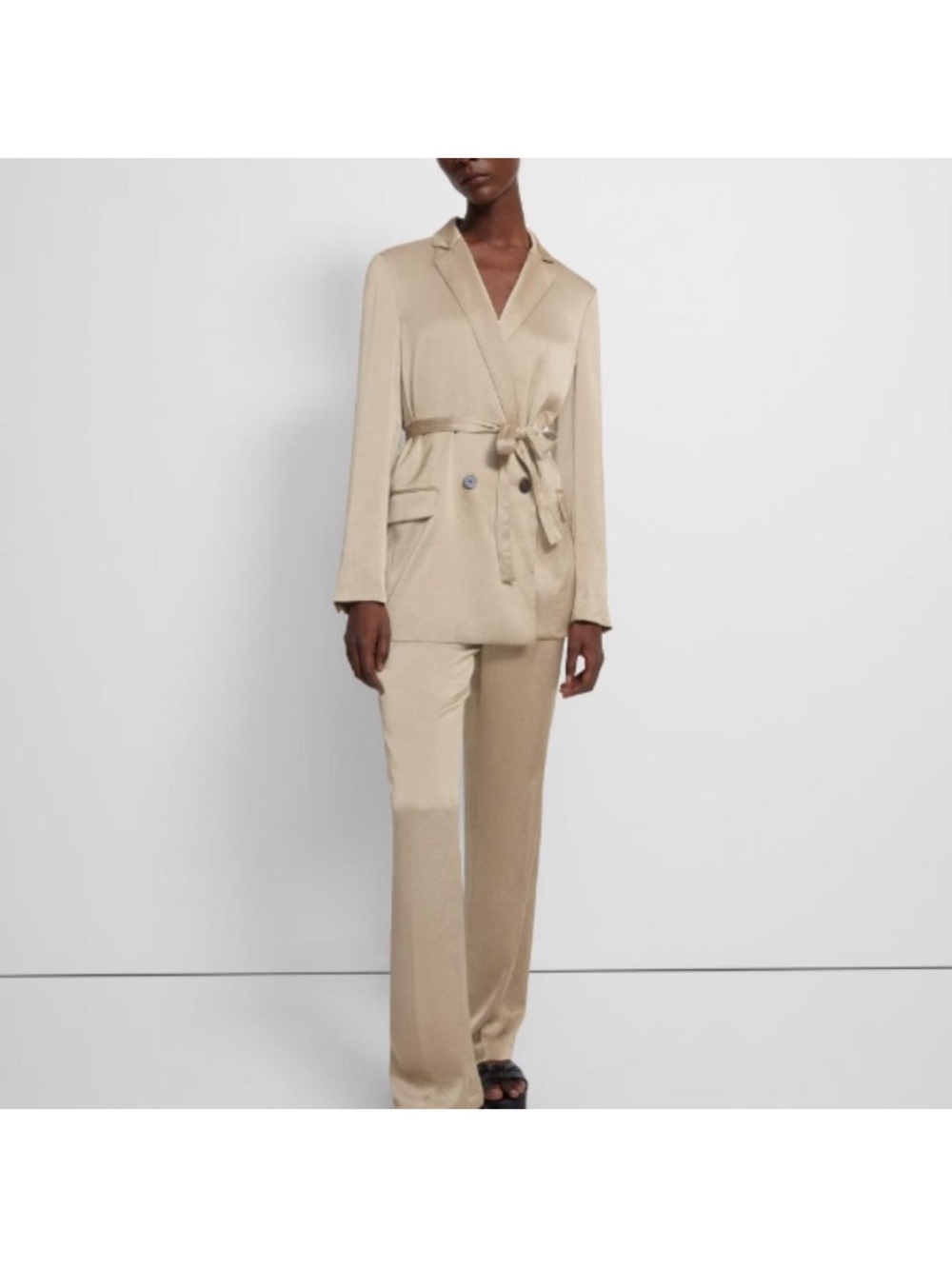 Theory Cream Satin Belted Blazer and Pants Set